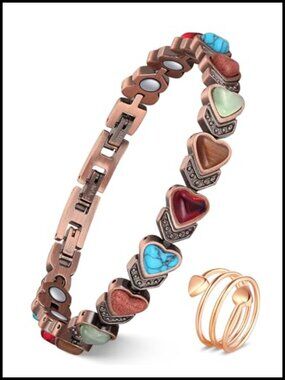 Pure Copper Magnetic Bracelet & Ring Set with 3800 Gauss Magnets, Natural